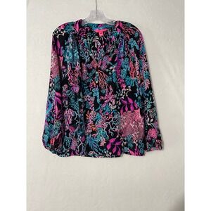 Lilly Pulitzer Elsa Silk Top Small Black Coral Reef Print Long Sleeve Blouse